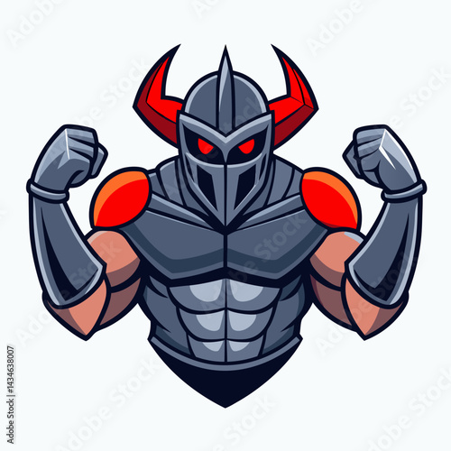 Armored Warrior: A strong warrior in full armor, embodying power and determination, flexes his muscles, ready for battle.
