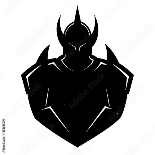 Dark Knight Silhouette: A powerful silhouette of a knight in dark armor, helmet with horns, and shield. The image is striking and bold.
