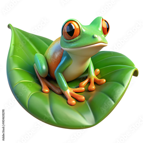 Cute 3D tropical frog sitting on leaf