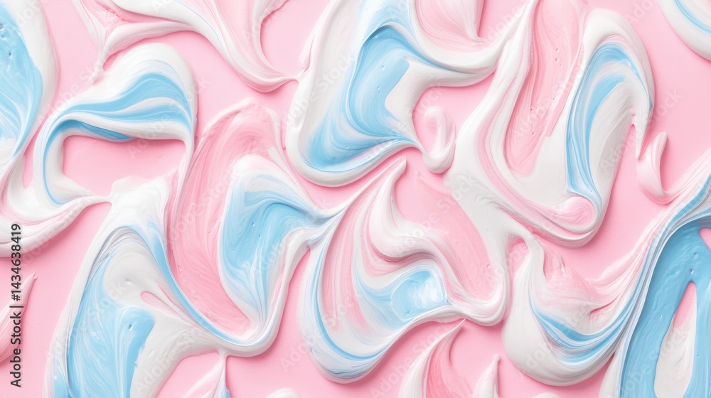 Obraz premium A swirling pattern of pastel pink, white, and light blue paint.