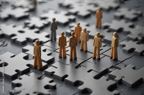 Wooden figurines stand on a gray jigsaw puzzle, representing teamwork and collaboration.  Diversity is shown through varying shades of the figurines.