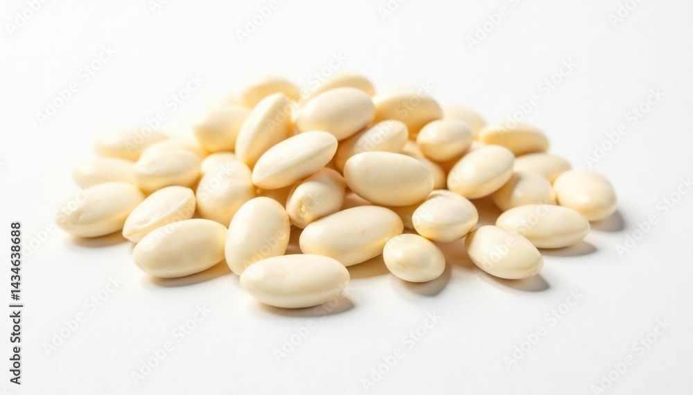 Scattered white beans on pure white background, clean, legume Scattered white beans on pure white background, clean, legume