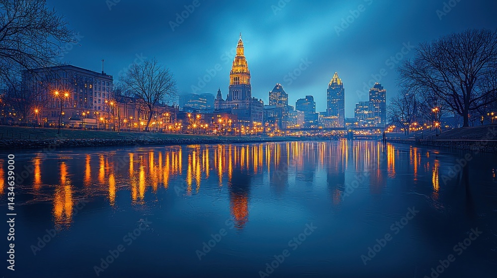 Obraz premium City skyline at twilight reflected in calm water. Buildings illuminated, trees bare