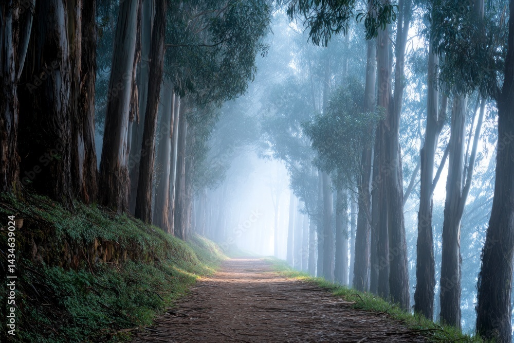 Obraz premium Walking on Forest Path in the Fog with Trees on Sides