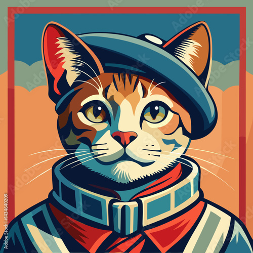  Cat in beret and scarf in retro colorful illustration icon