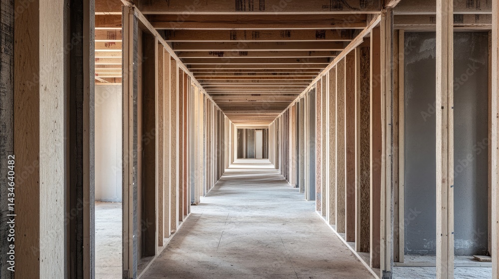 Fototapeta premium View from inside a home under construction looking through open wall frames, no people