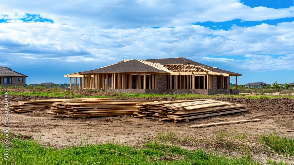 Fototapeta premium Wooden planks stacked neatly near partially framed residential structure, no people