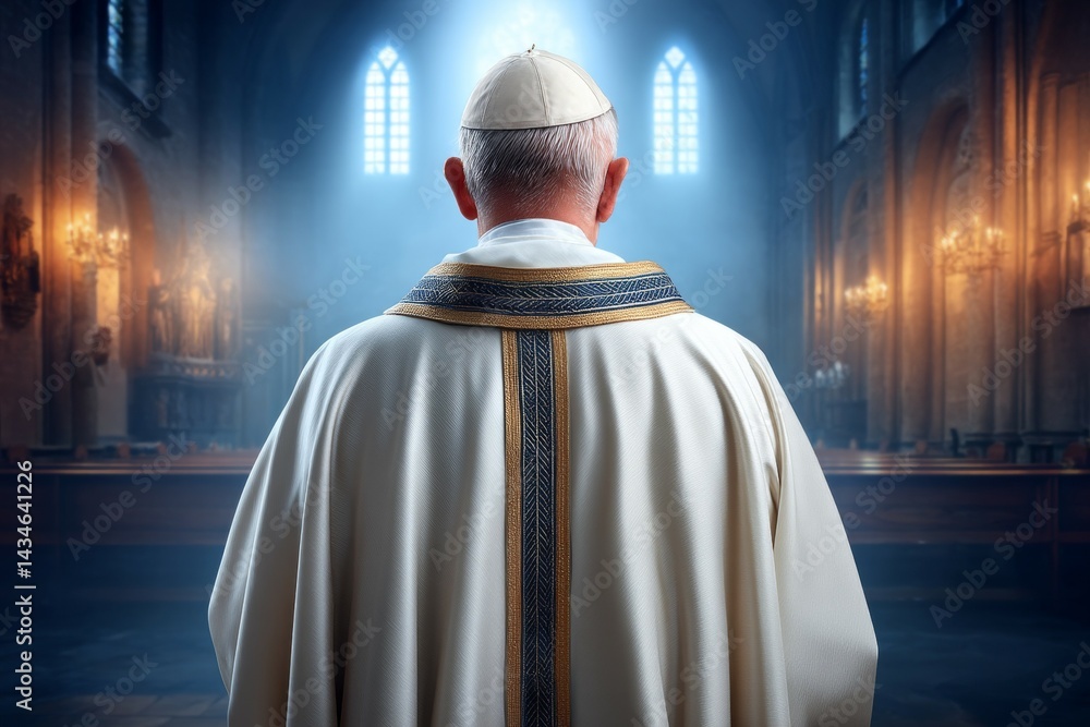 Naklejka premium Elderly caucasian male clergyman in liturgical vestments standing in church interior