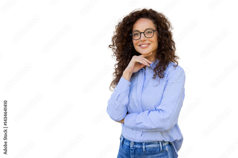 Professional businesswoman smiling confidently, resting hand on chin against transparent backdrop Professional businesswoman smiling confidently, resting hand on chin against transparent backdrop