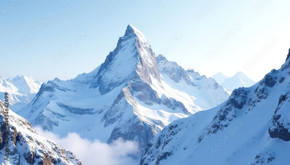 Fototapeta premium Snow-covered mountain peak against bright white sky, frost, white, serene
