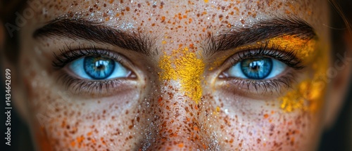 Close-up of a face with freckles and vibrant blue eyes, accented with yellow pigment