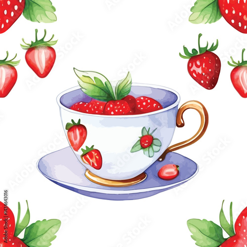 Strawberry Tea Cup Watercolor Illustration For Vector Graphics Sweet Berries