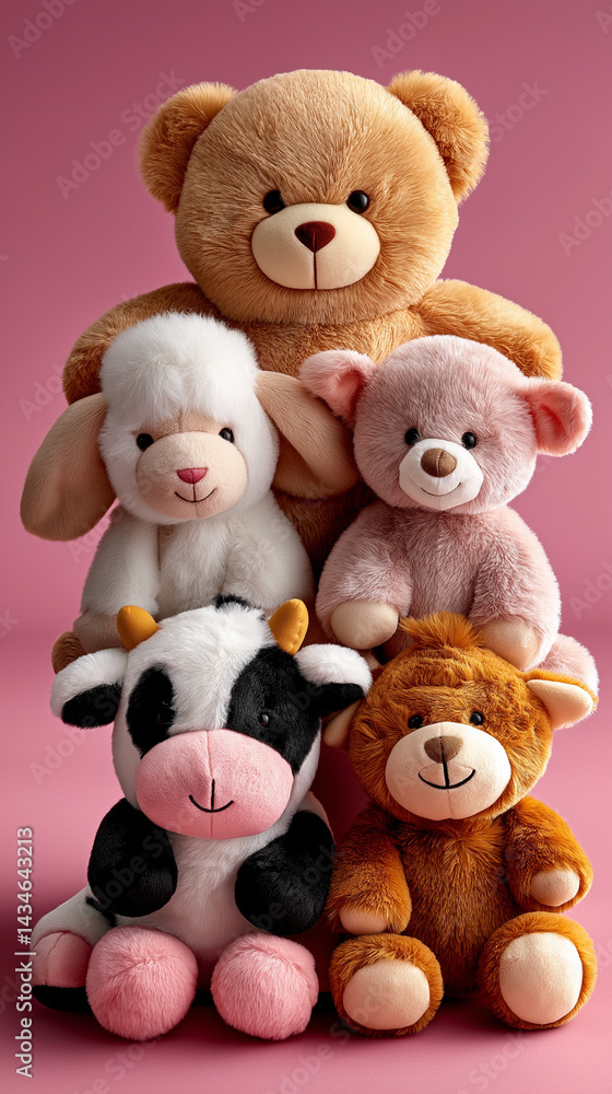 Adorable plush toy animals smiling together on pink background with copy space Adorable plush toy animals smiling together on pink background with copy space