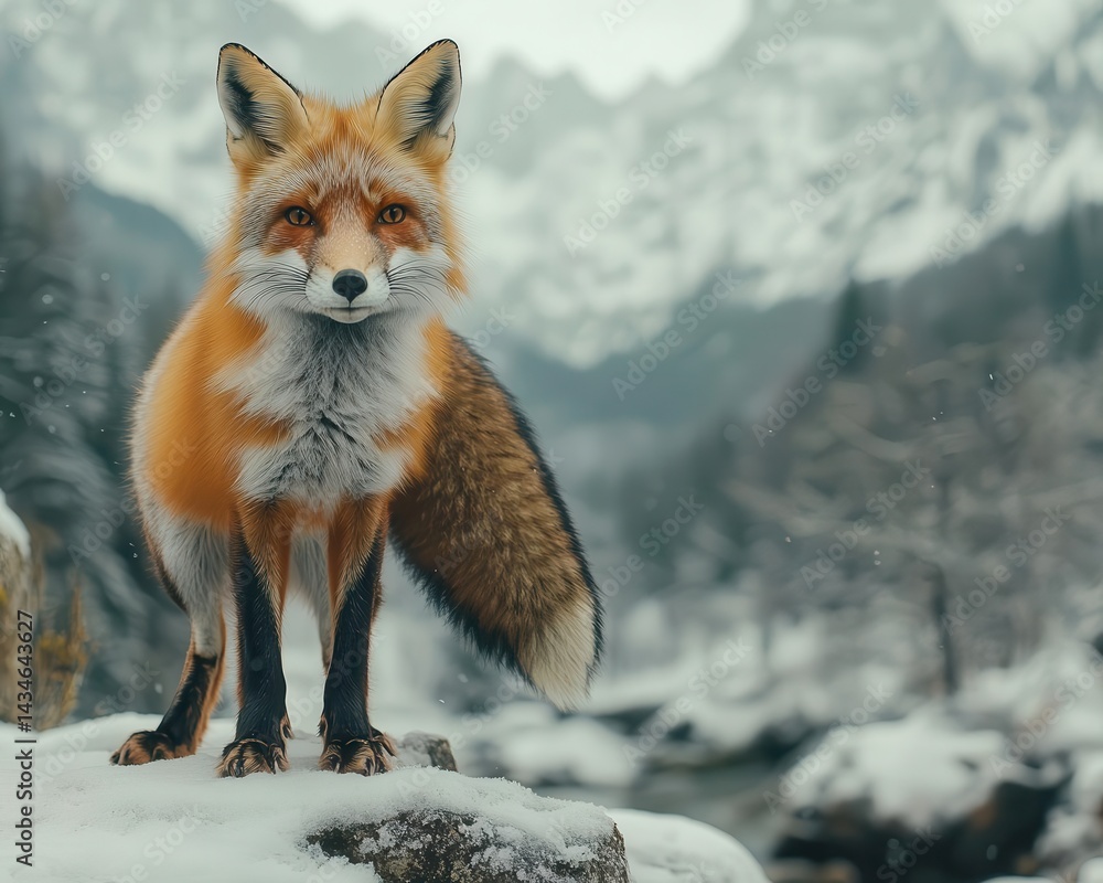 Obraz premium A shot of a fox standing alert in a snowy landscape, Wildlife, Keen and beautiful