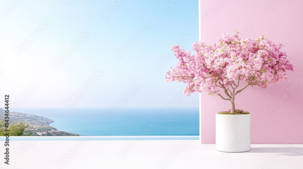 Obraz premium Pink Blossom Tree in Pot Minimalist Modern Style High Resolution Bright Lighting Wide Angle View Coastal Scene Serenity Ocean View Pastel Pink Tones Ideal for Spring Decor