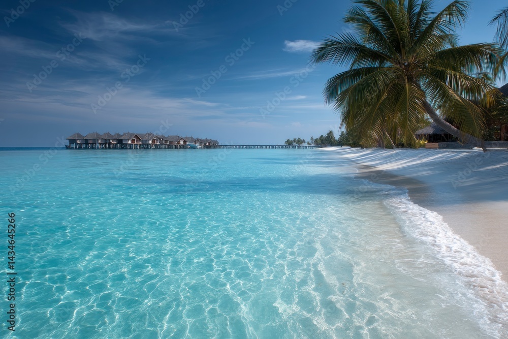 Naklejka premium Tropical Island Getaway with Azure Sea and Overwater Bungalows Relaxation