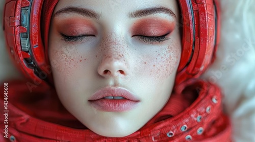 Close-up of a serene woman with freckles, eyes closed, wearing a red helmet and scarf