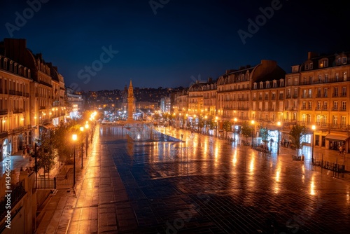 Fototapeta Naklejka Na Ścianę i Meble -  Exploring Rennes at Night Street View with Wet Pavement Reflections