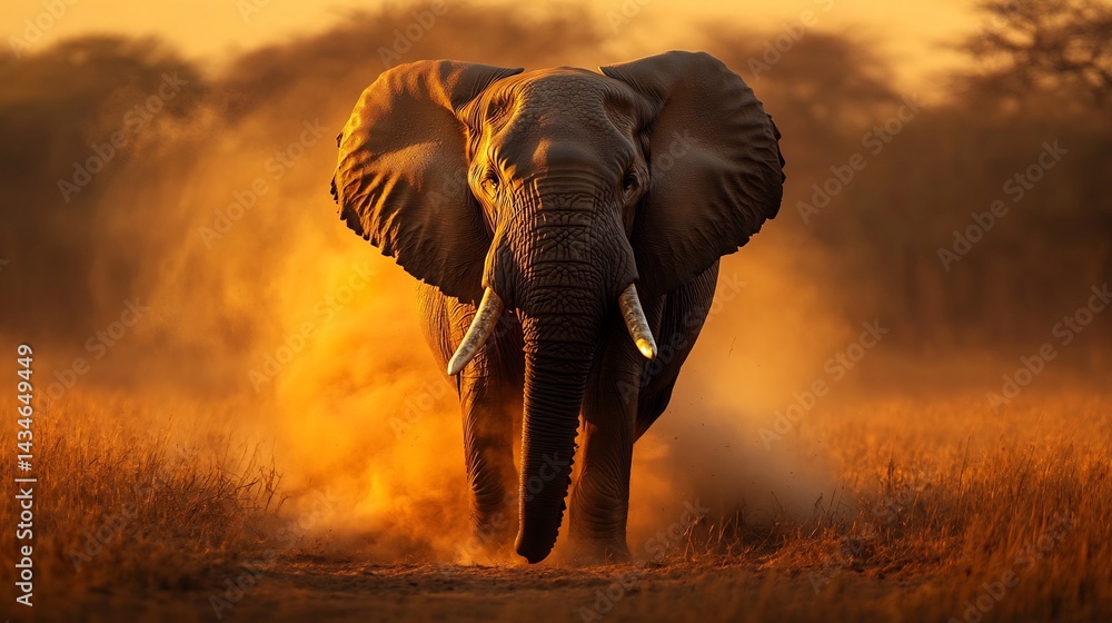 Obraz premium Powerful African elephant standing in the golden savanna at sunset massive tusks gleaming textured skin details dramatic lighting dust rising around its feet ultra HD wildlife photography style