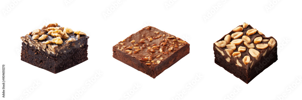 Collection of Brownie Square with Nuts on Top, Isolated on Transparent or White Background