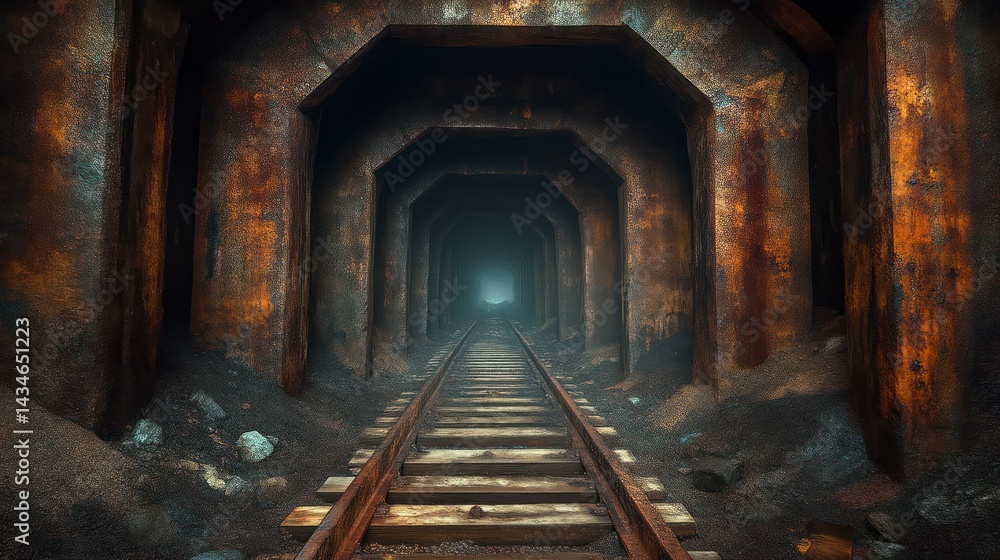 Fototapeta premium Abandoned Railway Tunnel with Rusty Tracks and Atmospheric Lighting