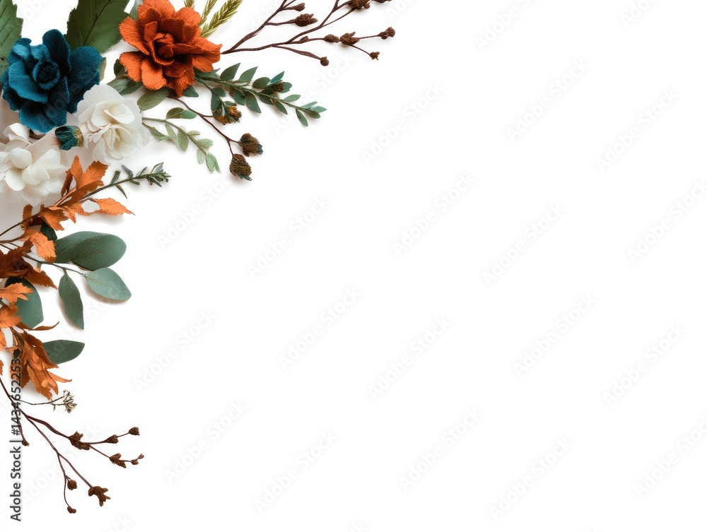 Fototapeta premium Autumnal floral arrangement, white background, decorative design