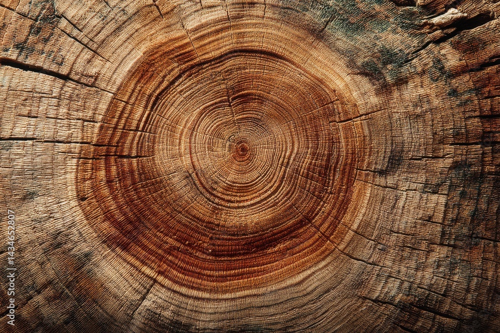 Fototapeta premium Close-up of a tree trunk showing the growth rings, a symbol of age and history, with natural textures and earthy tones, highlighting the beauty of wood.
