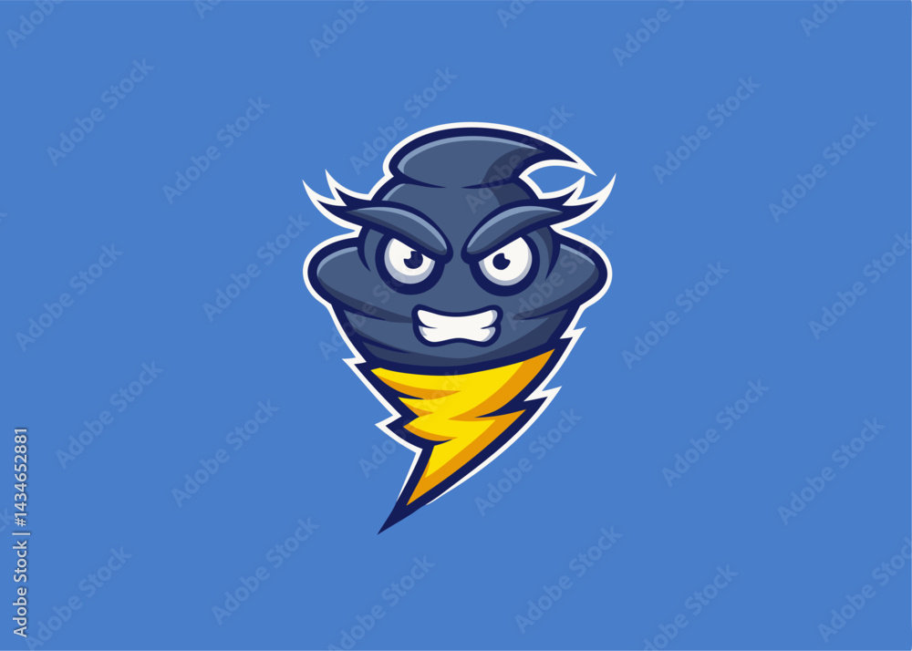 Naklejka premium Angry Storm Mascot: A fierce cartoon mascot design, featuring a dark-grey cloud with lightning bolt shaped like a tornado, angry expression, sharp edges and yellow lightning bolt.