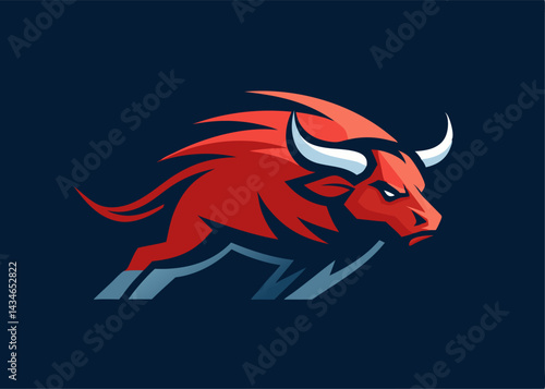 The Raging Bull Emblem: An illustrative embodiment of raw power, a fiery red bull in mid-charge, meticulously crafted, with stark white horns against a navy backdrop.