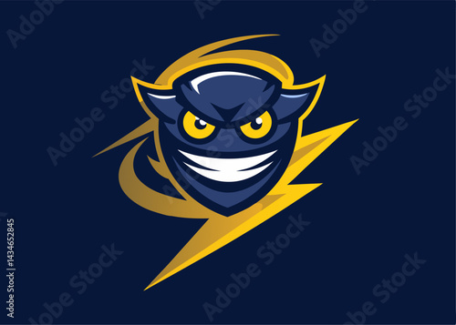 Sinister Symbol: a modern, dark blue and gold emblem design, showcasing a cunning owl face with sharp features, emanating an air of calculated power and strength. 
