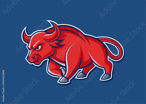 Raging Bull Mascot: A powerful red bull mascot with an enraged expression against a solid, royal blue background, designed with bold lines and vibrant colors.