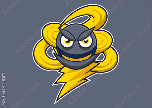 Stormy Character Design: A quirky and playful character design depicting a stylized stormy cloud face with mischievous eyes and a wide grin, rendered against a dark grey background.