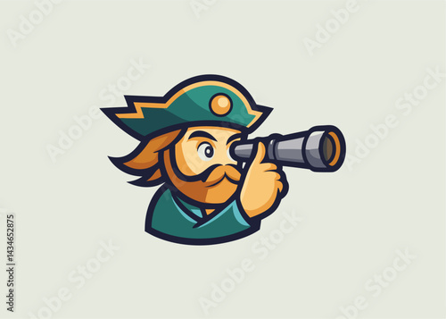 Captain's Quest: A cartoon illustration of a captain gazing intently through a telescope, embodying exploration and nautical adventure.