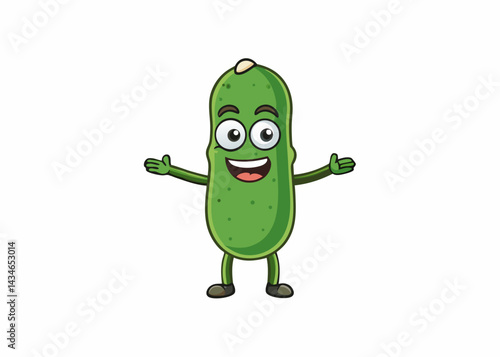 Happy Cucumber Cartoon: A cheerful cartoon cucumber character with outstretched arms, expresses pure delight and friendliness.