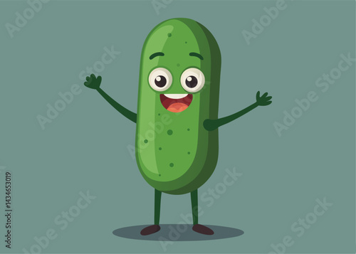 Cheerful Pickle Character: A whimsical illustration of a friendly pickle character with a big smile, extending its arms in a welcoming pose, perfect for fun-loving designs.