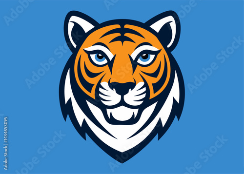 Tiger's Portrait: A striking orange and black striped tiger gazes forward against a serene blue backdrop, exuding power and grace.