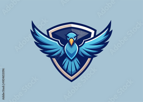 Blue Bird Mascot Logo: A powerful blue bird mascot logo design, with wings spread wide, emblazoned on a protective shield, symbolizes strength, freedom, and protection.
