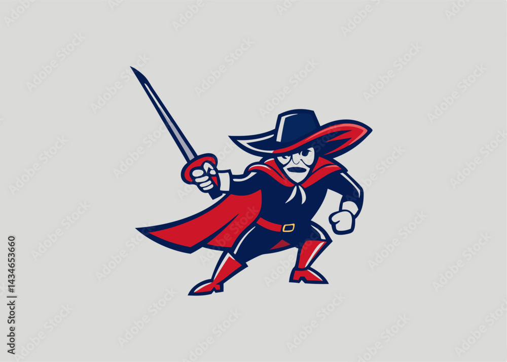 Fototapeta premium A Heroic Vanguard: A striking, illustrative representation of a masked figure, embodying courage and daring, stands poised with a gleaming blade, evoking a sense of valor.