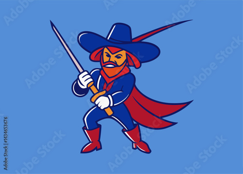 Sword-wielding Musketeer: A stylized musketeer, armed with a gleaming sword and wearing a traditional hat and cape, stands ready for adventure in a striking illustration.