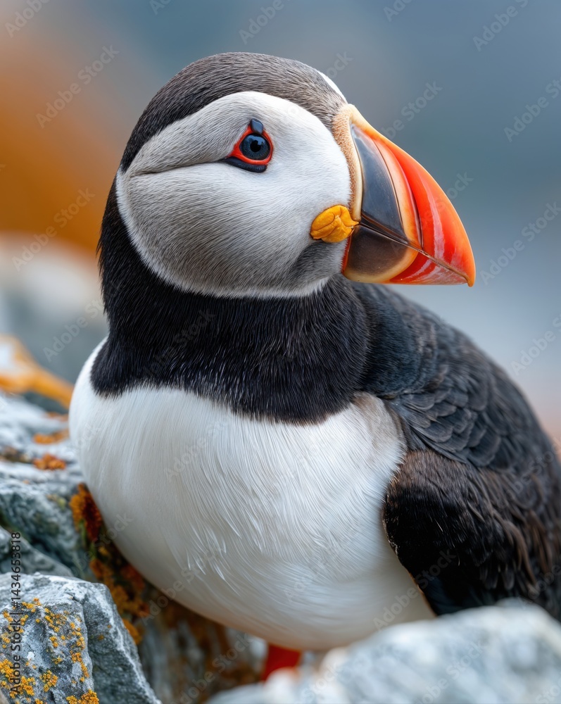 A colorful puffin stands majestically on a weathered rock, gazing into the distance. Soft morning light highlights its vibrant beak and feathers against a backdrop of a calm sea.