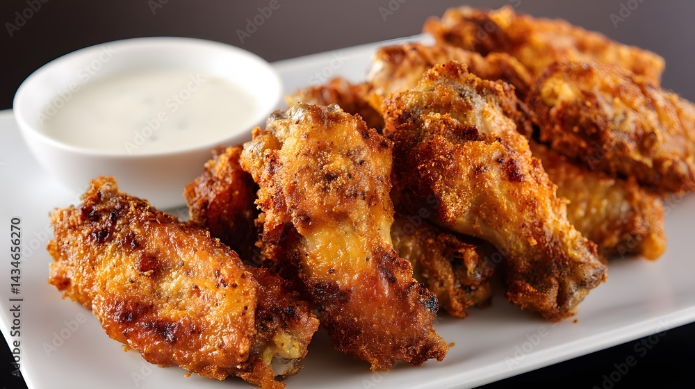 Crispy chicken wings arranged on a plate, with a creamy dipping sauce. Capturing the image evokes taste, texture, and culinary delight. Crispy chicken wings arranged on a plate, with a creamy dipping sauce. Capturing the image evokes taste, texture, and culinary delight.