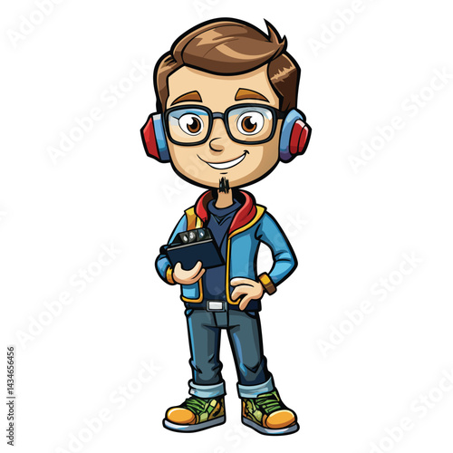 Cartoon character, young, stylish, holding a clipboard, listening to music with headphones