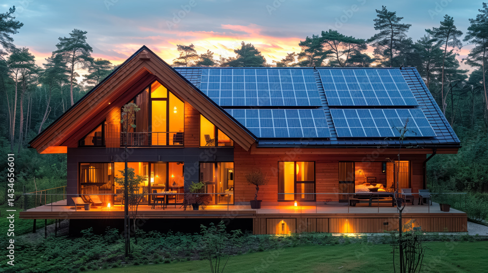 Modern house with solar panels on the roof in forest