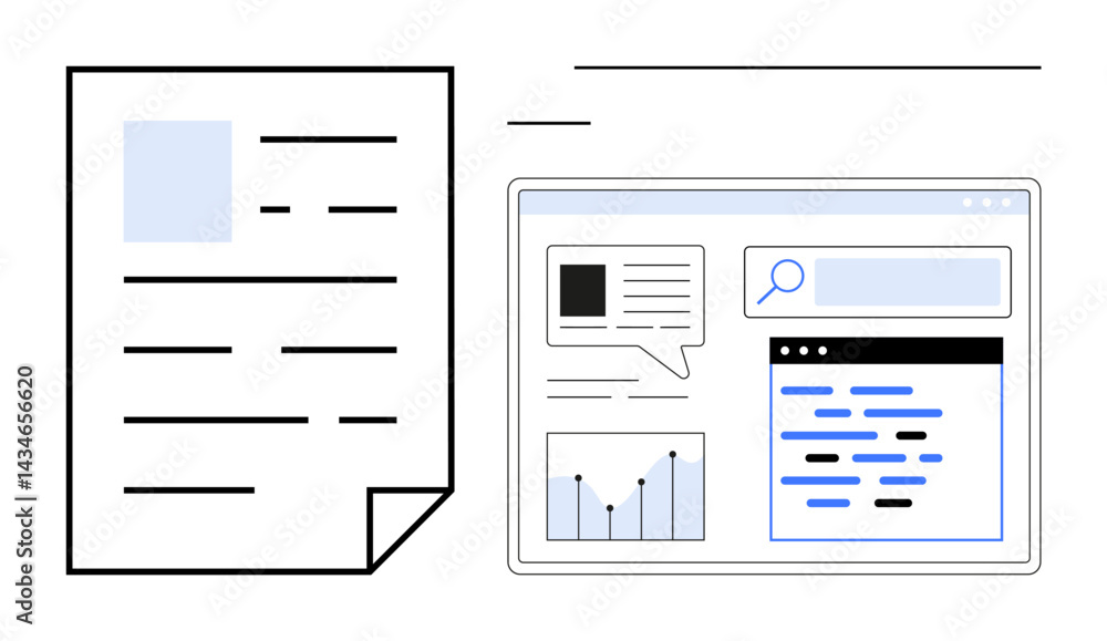 Paper document alongside a detailed computer screen featuring search bar, analytics graph, and content. Ideal for data analysis, research, SEO, information management, knowledge sharing, digital Paper document alongside a detailed computer screen featuring search bar, analytics graph, and content. Ideal for data analysis, research, SEO, information management, knowledge sharing, digital