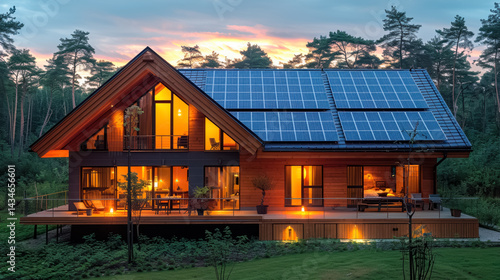 Obraz na płótnie Modern house with solar panels on the roof in forest w salonie
