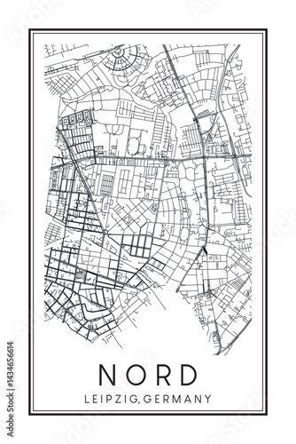 Hand drawn printable downtown road map poster of borough NORD of the German city of LEIPZIG on solid white background with city name