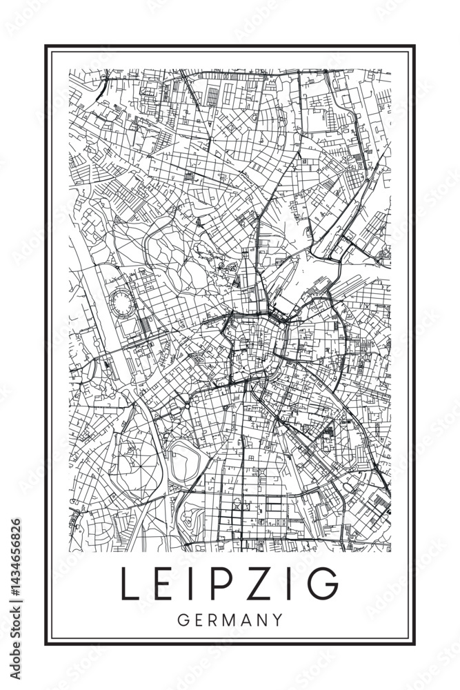 Fototapeta premium Hand drawn printable downtown road map poster of the German city of LEIPZIG on solid white background with city name