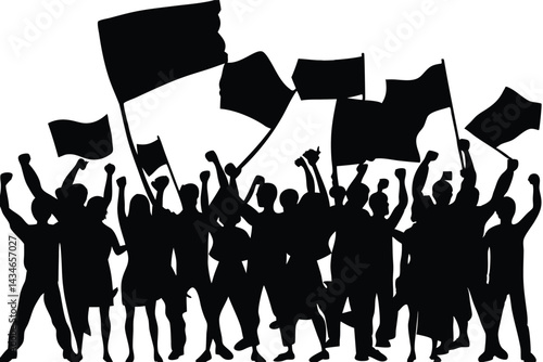 Silhouette of Protesting Crowd with Flags and Raised Fists
