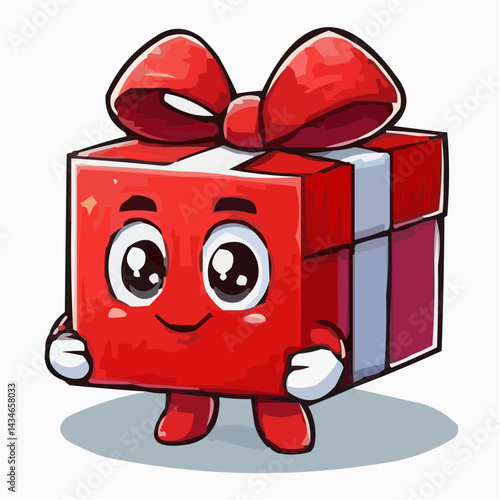 Happy cartoon gift box character holding a present icon  