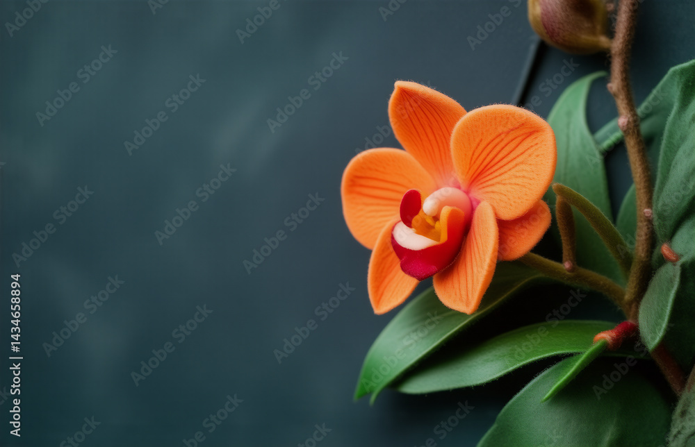 A vibrant orange orchid, with deep red center, blossoms against a dark teal background. Its lush green leaves add to the tropical feel. A vibrant orange orchid, with deep red center, blossoms against a dark teal background. Its lush green leaves add to the tropical feel.
